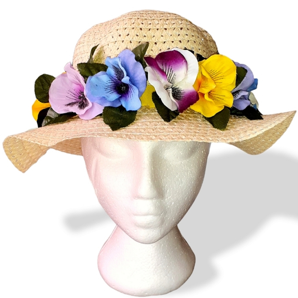 GROOVY GLAM Flower Power Beige Wide Brim Straw Hat with Silk Pansies - Picture 3 of 10
